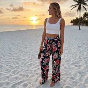 Black Floral Wide-Leg Tie-Waist Pants
